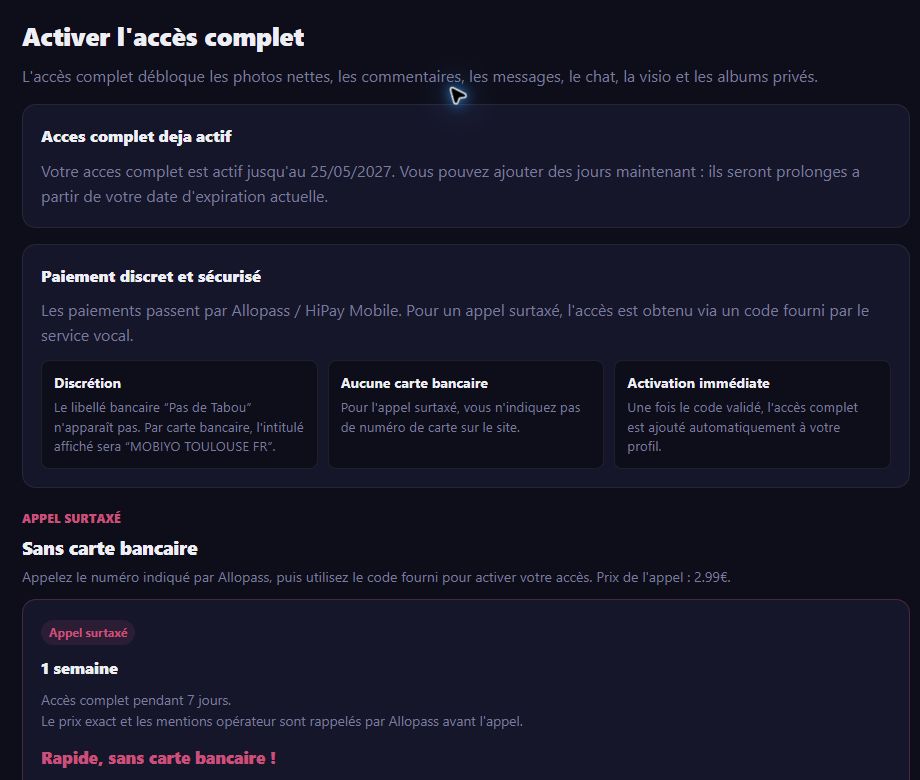 Page d’activation de l’accès complet et offres de paiement