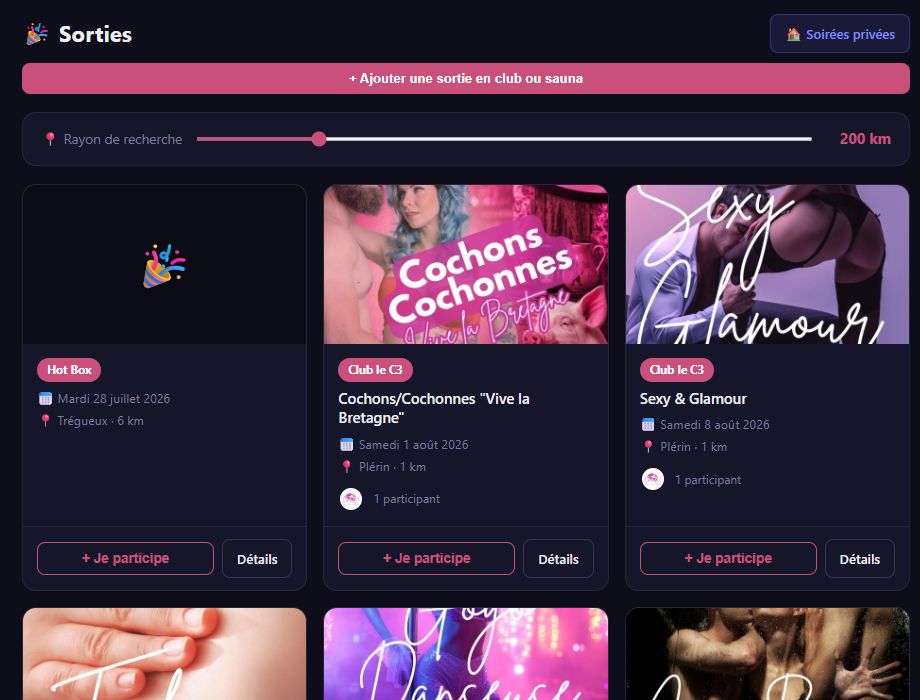 Liste des sorties avec rayon de recherche et cartes d’événements